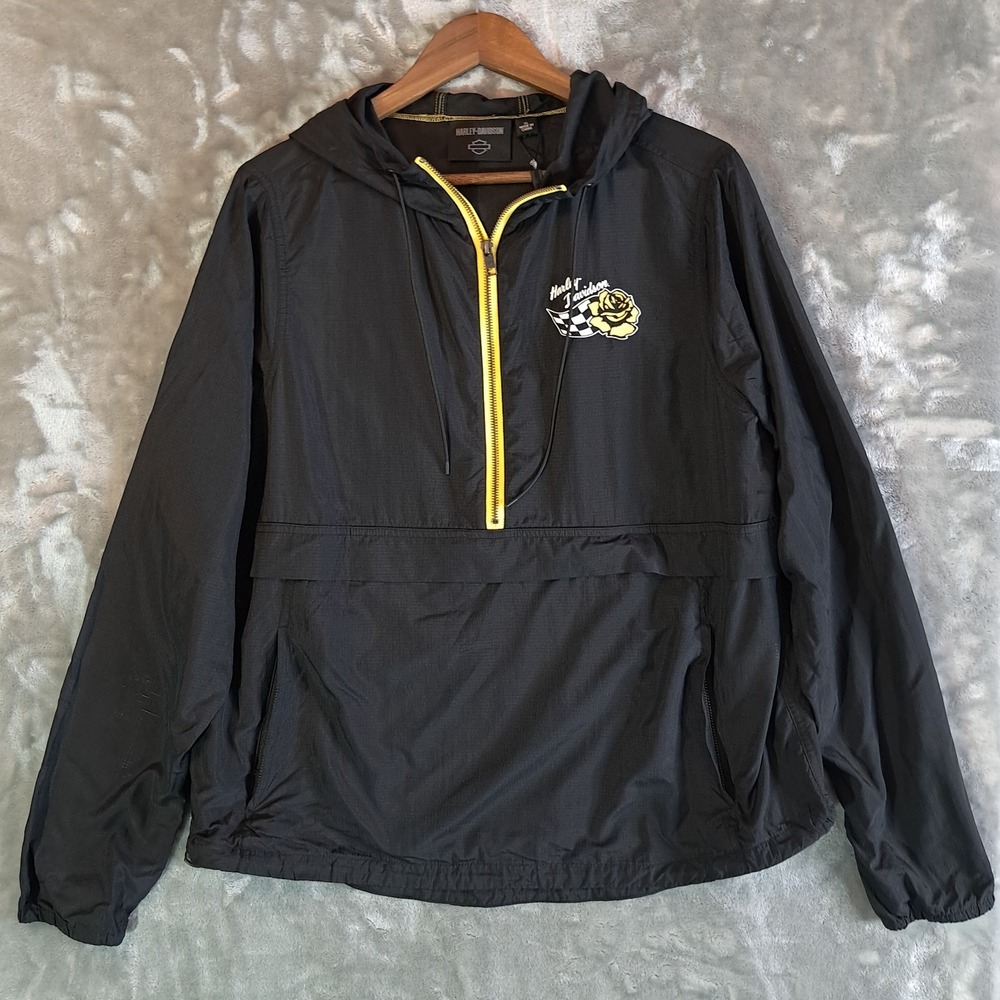 Harley Davidson Womens Half Zip Windbreaker Jacket Black Yellow Size XL NWT